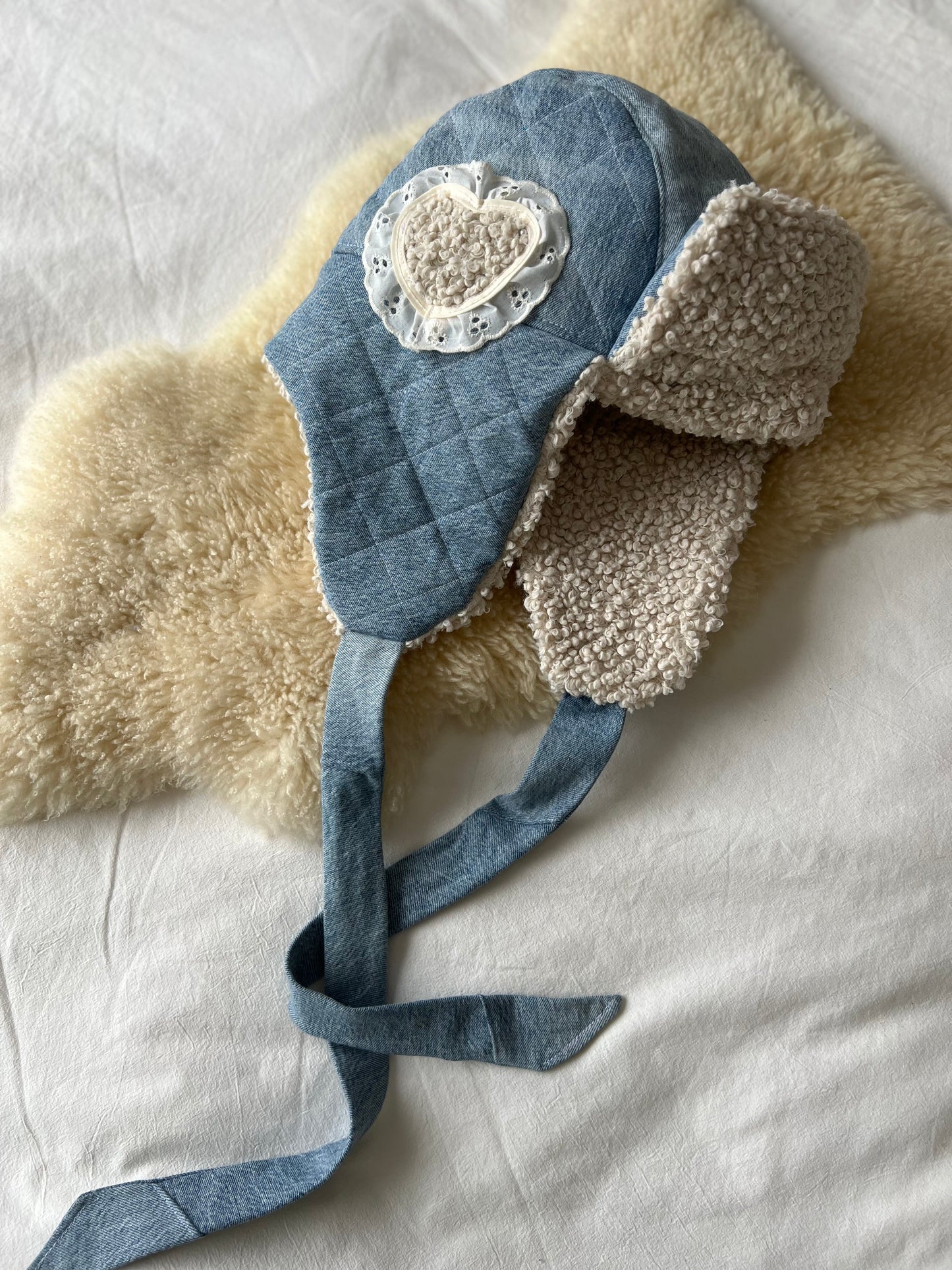 Quilted denim and sherpa trapper hat