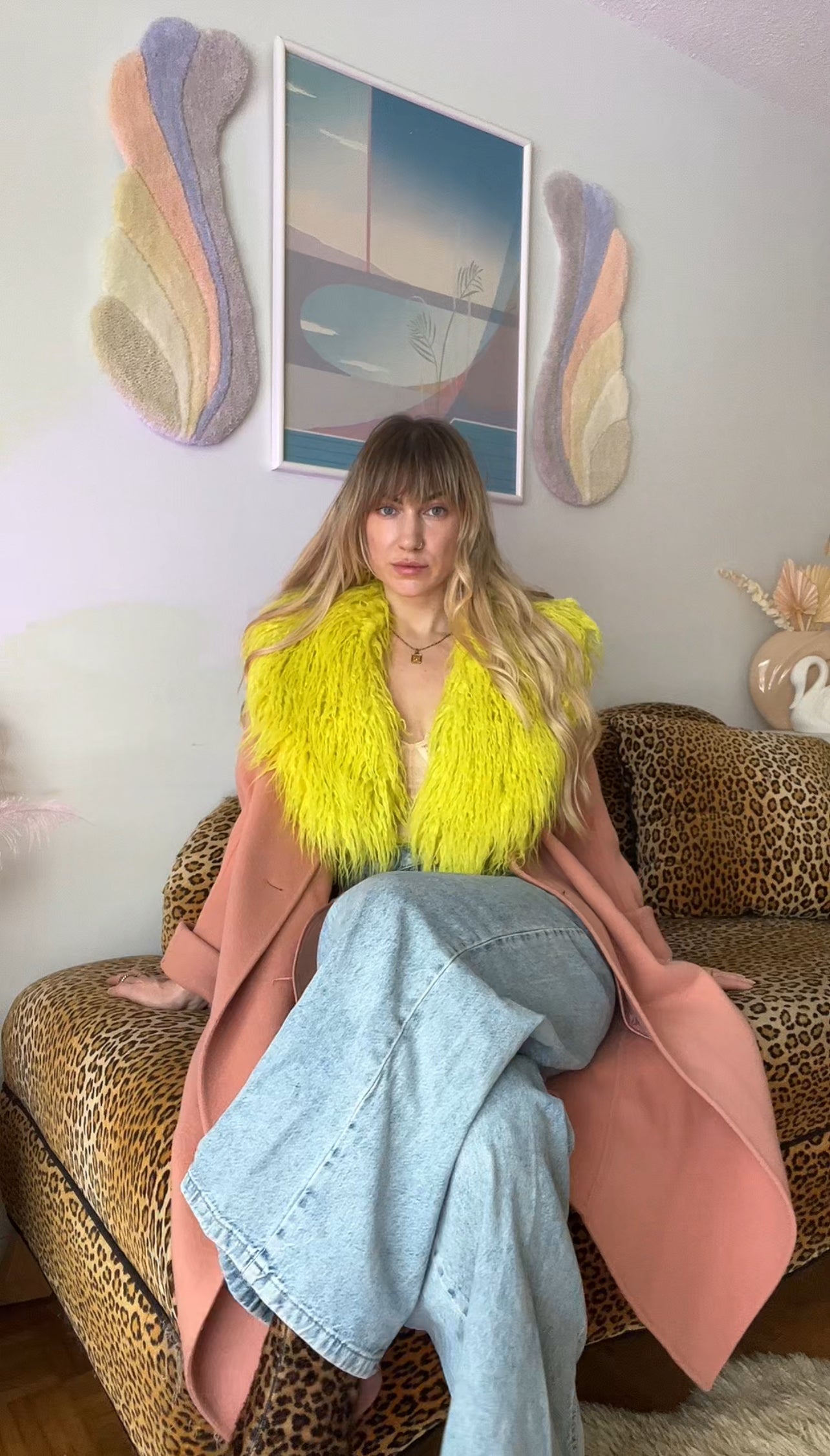 Chartreuse Mongolian faux-fur collar