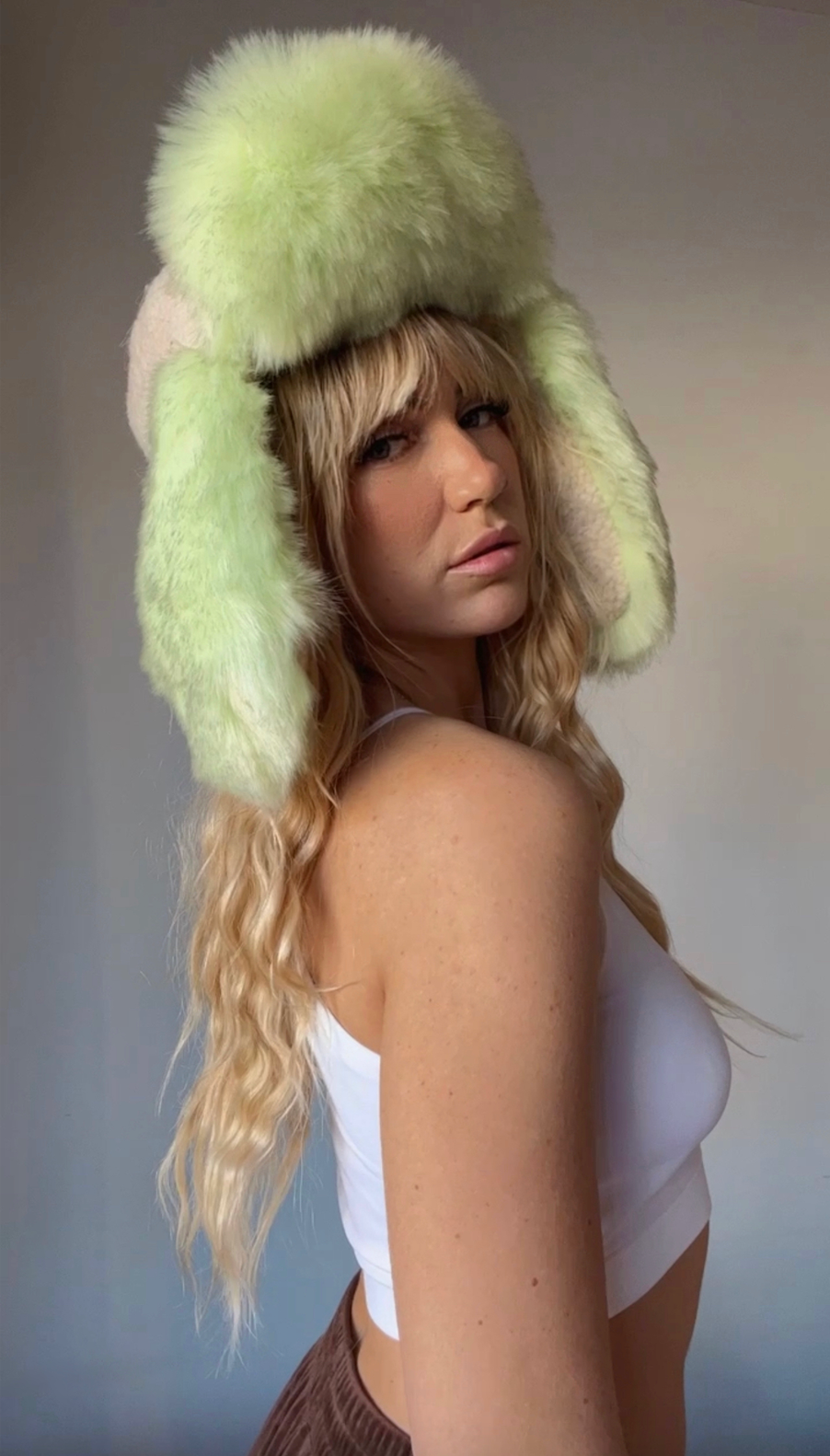 Green faux fur sherpa trapper hat