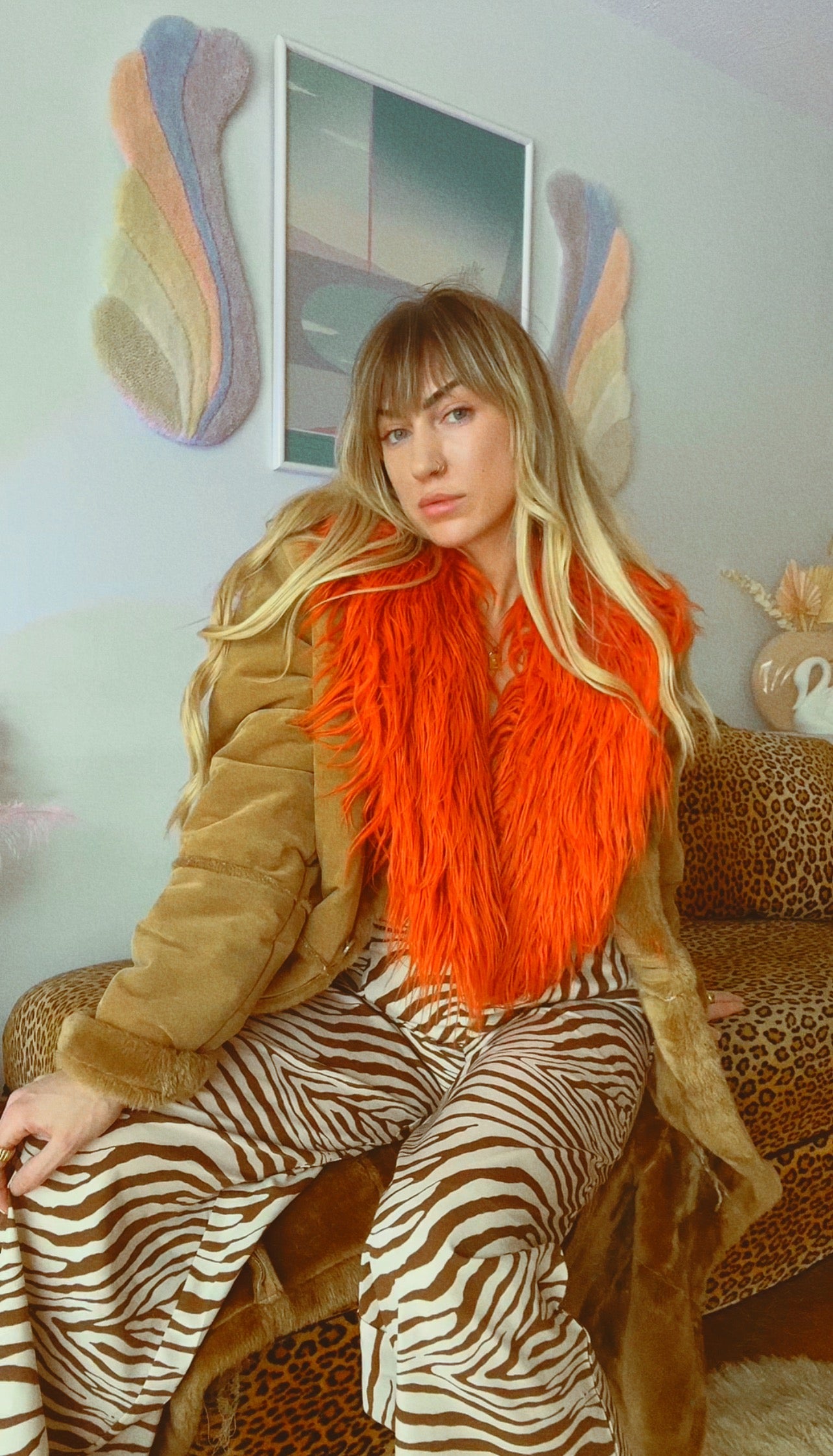 Burnt orange Mongolian faux-fur collar