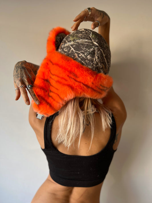 Quilted camo fur trapper hat